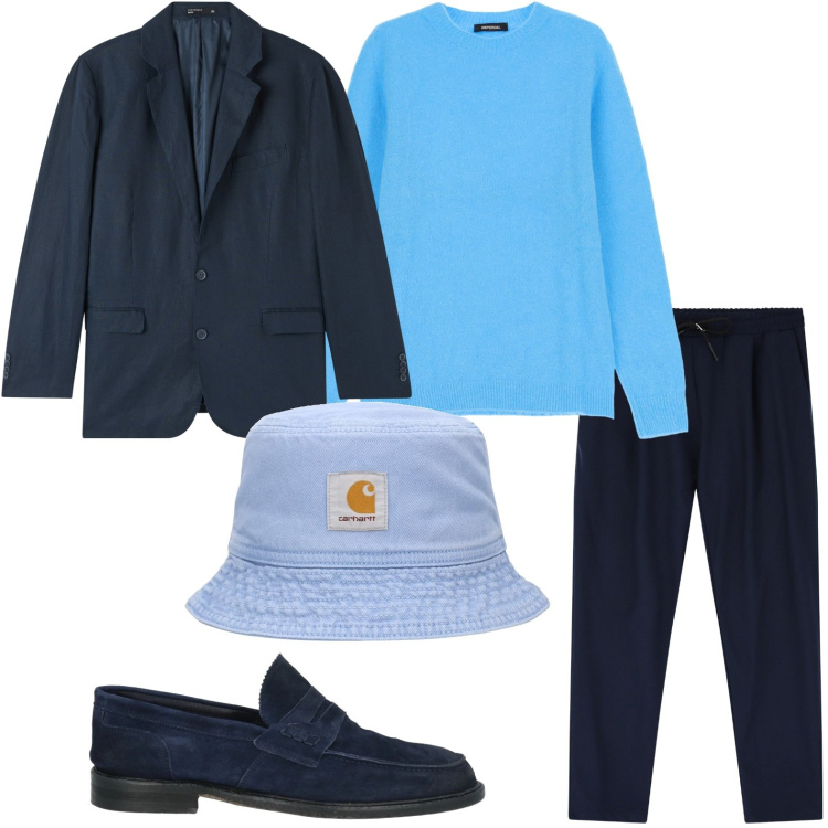 Outfit uomo - Solo blu. Stile Casual per Ufficio. Abbinamento con scarpe stringate, giacche, pantaloni, maglieria, cappelli.