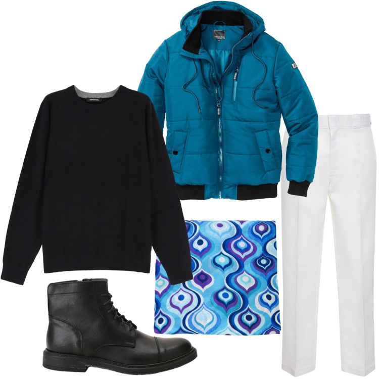 Outfit uomo - Il bomber ottanio. Stile Urban per Ufficio. Abbinamento con bomber, sciarpe, stivali e stivaletti, maglieria, pantaloni.