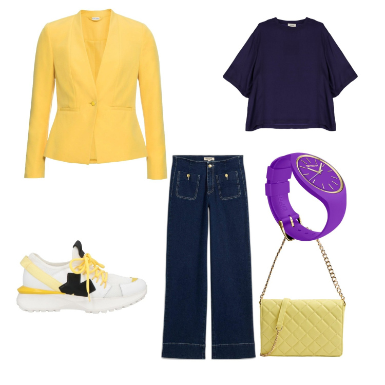 Outfit donna - Con i bimbi al parco. per Tutti i giorni. Abbinamento con blazer, jeans, sneakers, borse a tracolla, orologi, maglieria.
