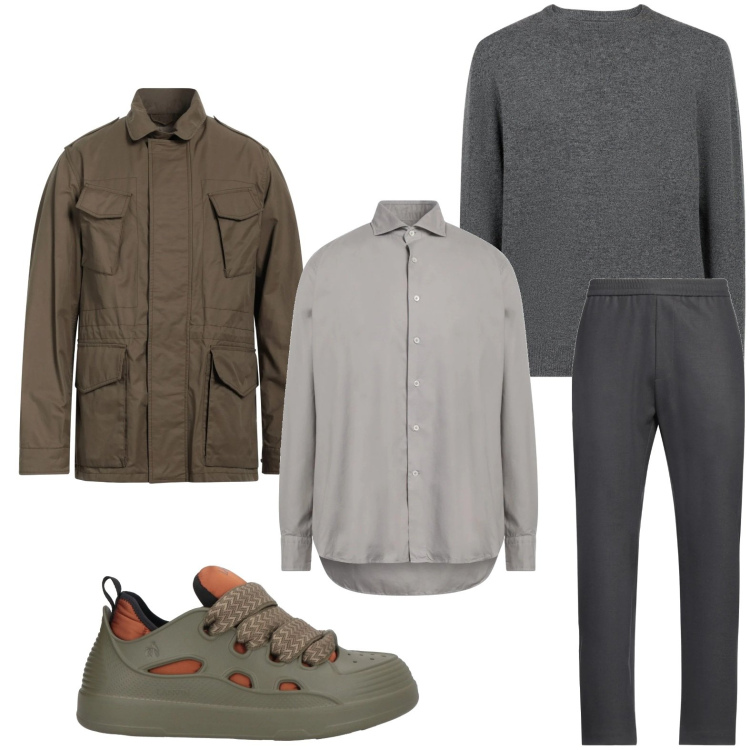 Outfit uomo - Sneakers verde oliva. Stile Trendy per Ufficio. Abbinamento con pantaloni, giacche, sneakers, camicie, maglieria.