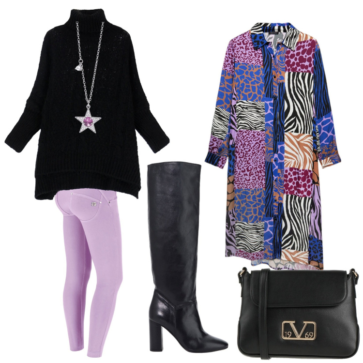 Outfit donna - Total look #2037812. Stile Trendy per Tutti i giorni. Abbinamento con borse a tracolla, collane, stivali, maglieria, vestiti chemisier, pantaloni skinny.