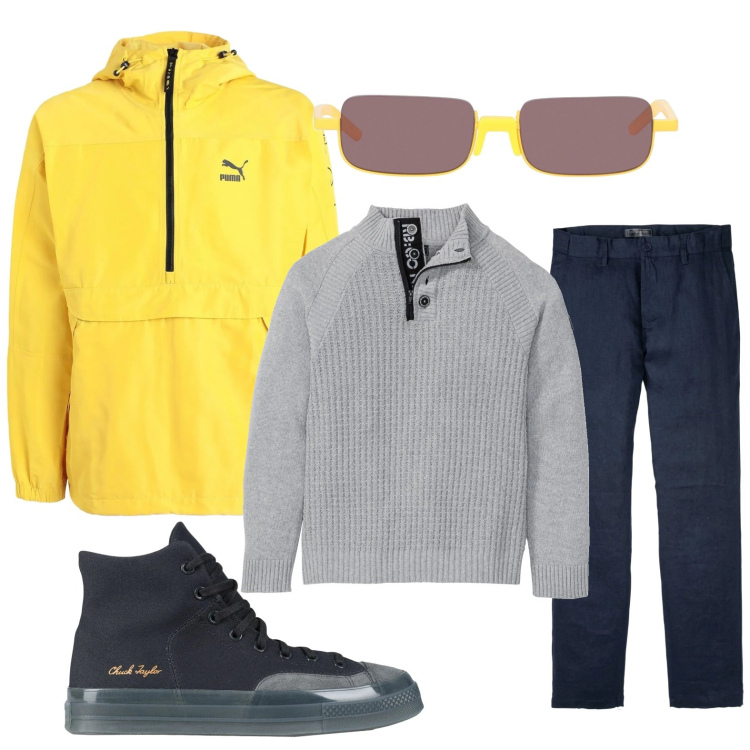 Outfit uomo - La giacca antivento. Stile Urban per Ufficio. Abbinamento con pantaloni, maglieria, giacche, sneakers alte, occhiali da sole.