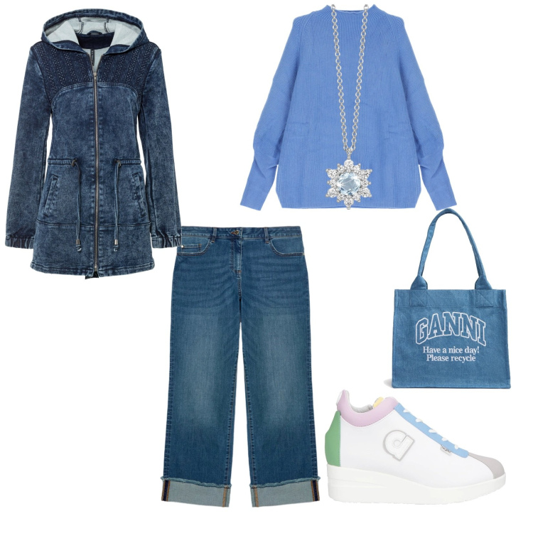 Outfit donna - Alle giostre. per Tutti i giorni. Abbinamento con parka, sneakers, collane, maglieria, jeans dritti, shopping bag.