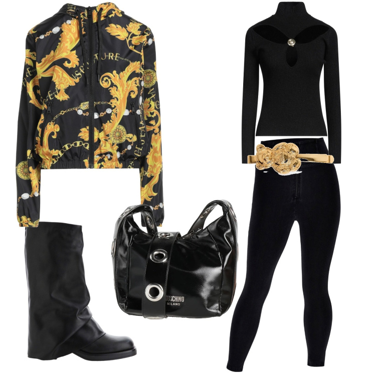 Outfit donna - Total look #2037824. Stile Casual per Tutti i giorni. Abbinamento con blazer, borse a tracolla, maglieria, jeggings, stivali, accessori per capelli.