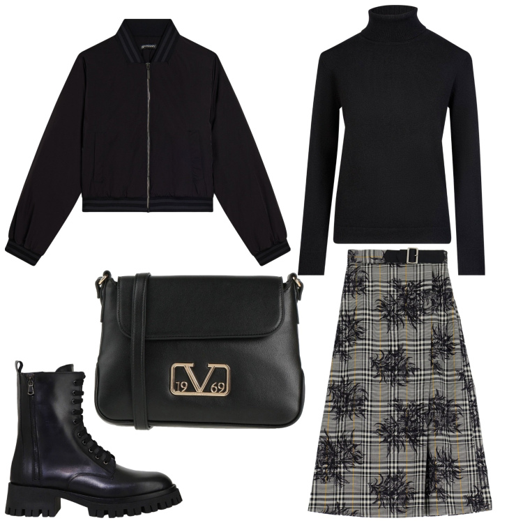 Outfit donna - Una bella gonna. Stile Casual chic per Ufficio. Abbinamento con borse a tracolla, bomber, gonne, stivali, maglieria.