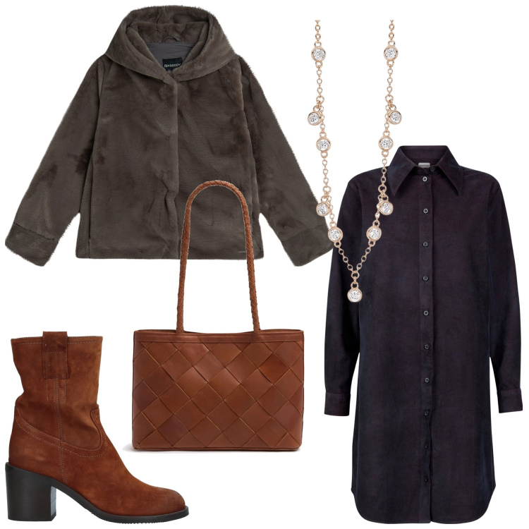 Outfit donna - Tanti gradi di marrone. Stile Casual chic per Ufficio. Abbinamento con stivaletti, collane, blazer, vestiti chemisier, borse a spalla.