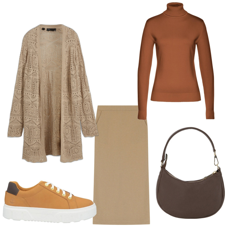 Outfit donna - Sporty chic. Stile Sporty chic per Ufficio. Abbinamento con maglieria, cardigans, sneakers, gonne lunghe, borse a spalla.