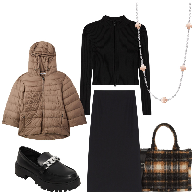Outfit donna - Vado al lavoro. Stile Casual chic per Ufficio. Abbinamento con mocassini, shopping bag, cardigans, blazer, collane, gonne lunghe.