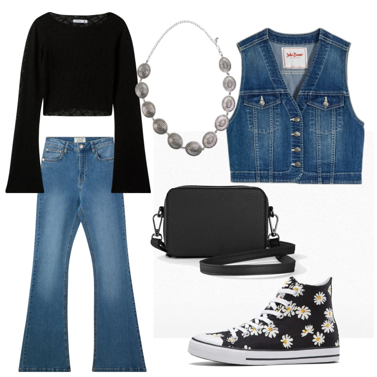 Outfit donna - Total look #2037839. Stile Casual per Scuola/Università. Abbinamento con borse a tracolla, sneakers alte, gilet, t-shirt, jeans a zampa, cinture.
