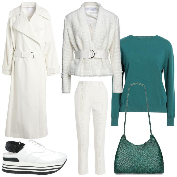 Outfit donna - Comoda in ufficio. Stile Sporty chic per Ufficio. Abbinamento con scarpe stringate, pullovers, pantaloni, trench, blazer, borse a spalla.