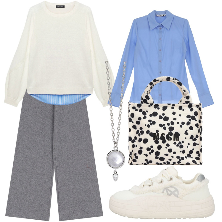 Outfit donna - Total look #2037844. Stile Casual per Tutti i giorni. Abbinamento con sneakers, camicie, collane, pantaloni, shopping bag, maglieria.