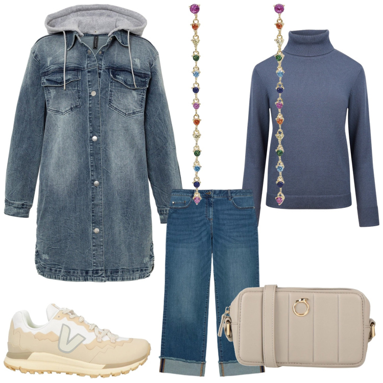 Outfit donna - Denim in inverno. Stile Sporty chic per Scuola/Università. Abbinamento con blazer, sneakers, borse a tracolla, orecchini, maglieria, jeans dritti.