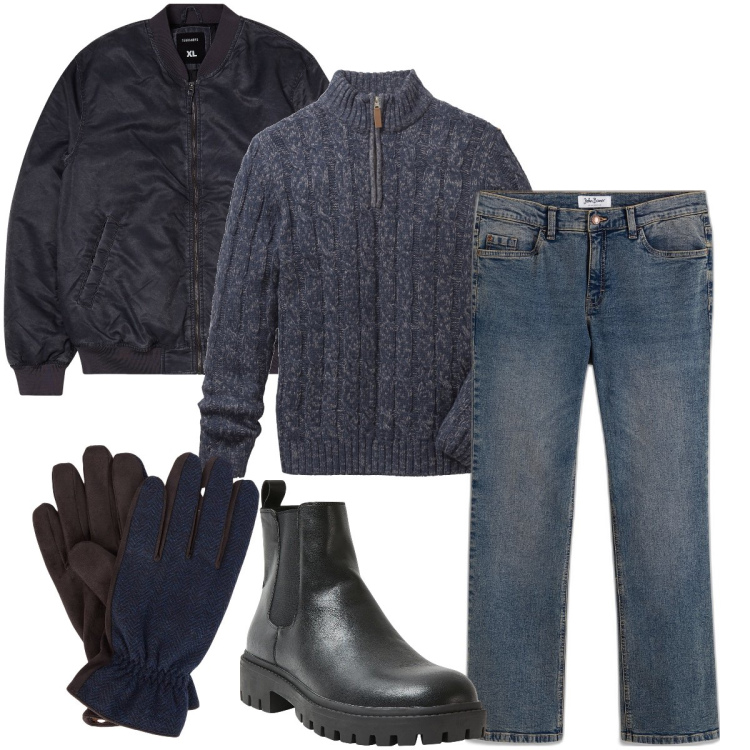 Outfit uomo - Il dolcevita per il grande freddo. Stile Urban per Ufficio. Abbinamento con maglieria, jeans bootcut, bomber, stivali e stivaletti, guanti.
