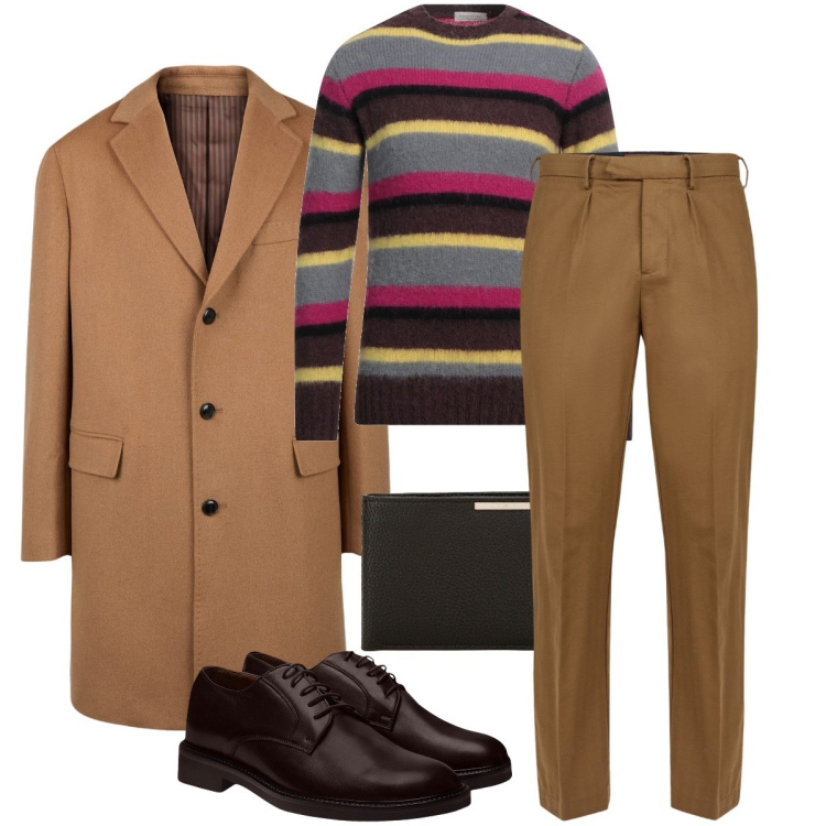 Outfit uomo - Righe eleganti. Stile Business/Elegante per Ufficio. Abbinamento con pullovers, portafogli, cappotti, pantaloni, scarpe stringate.