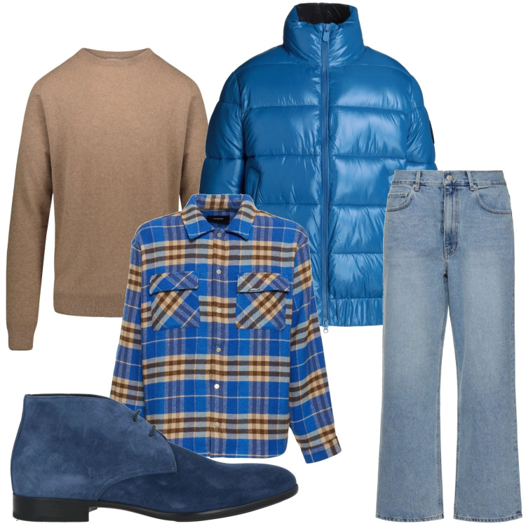 Outfit uomo - Quadri e jeans. Stile Casual per Ufficio. Abbinamento con piumini, stivali e stivaletti, maglieria, camicie, jeans.