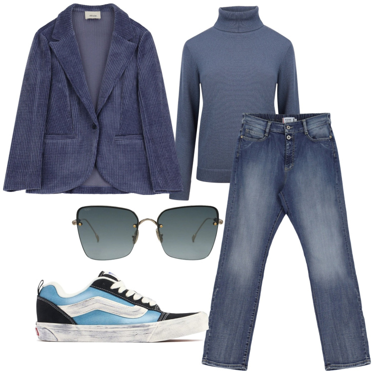 Outfit donna - Urban ufficio. Stile Urban per Ufficio. Abbinamento con occhiali da sole, jeans dritti, blazer, maglieria, sneakers.