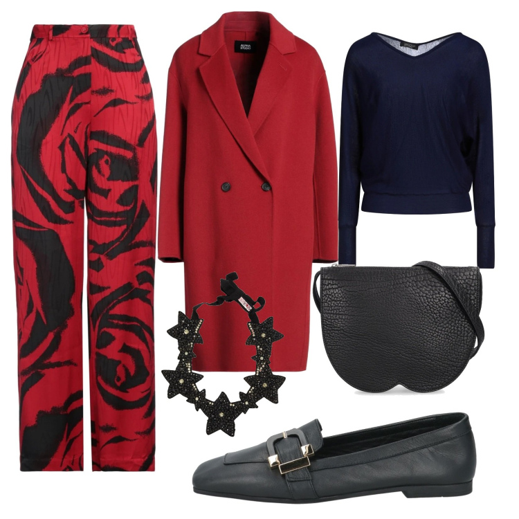 Outfit donna - Total look #2037880. Stile Trendy Abbinamento con cappotti, collane, mocassini, pullovers, pantaloni, borse a spalla.