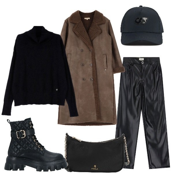 Outfit donna - Pantaloni in similpelle glamour e caldi. Stile Casual chic per Tutti i giorni. Abbinamento con stivaletti, borse a tracolla, cappotti, maglieria, pantaloni, cappelli.