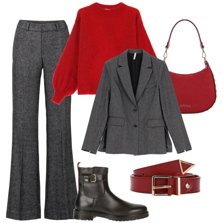 Outfit donna - Grigio mélange e cherry. Stile Trendy per Tutti i giorni. Abbinamento con pantaloni a palazzo, stivaletti, blazer, borse a spalla, cinture, maglieria.
