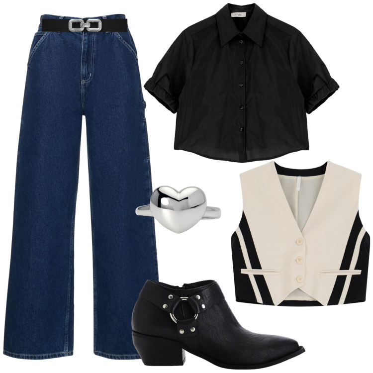 Outfit donna - Total look #2037916. Stile Casual chic per Serata fuori. look ideale per Petite. Abbinamento con anelli, cinture, gilet, camicie a manica corta, stivaletti, pantaloni.