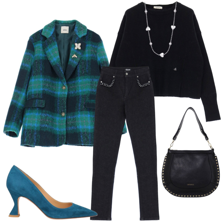 Outfit donna - In ufficio. Stile Sporty chic per Ufficio. Abbinamento con décolleté, collane, borse a spalla, blazer, jeans, pullovers.