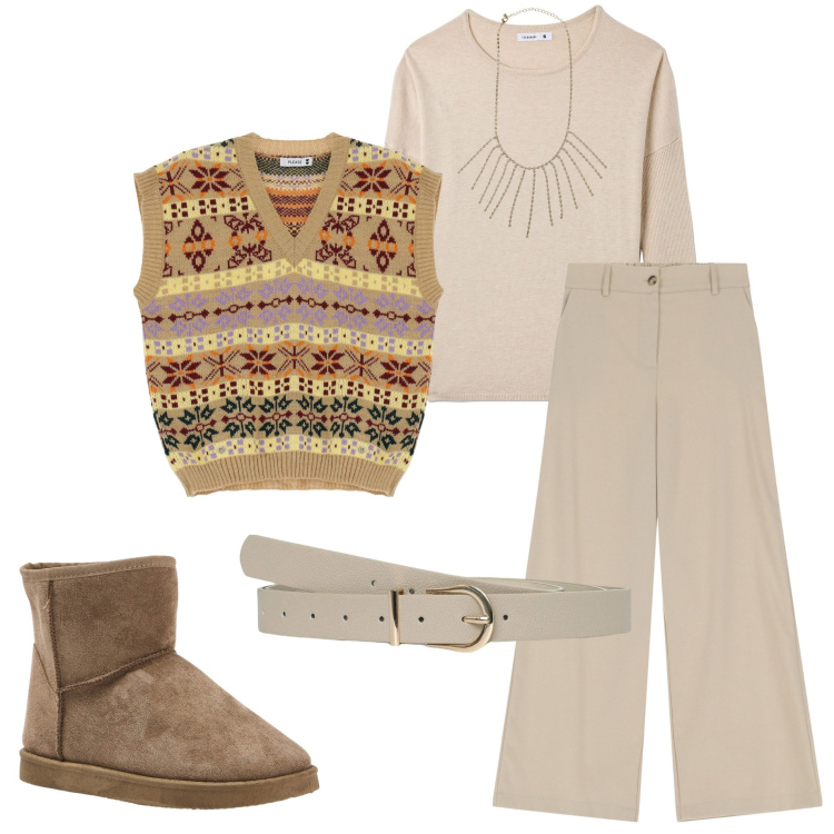 Outfit donna - Un caffè dall\' amica. Stile Casual per Tutti i giorni. Abbinamento con collane, stivaletti, maglieria, cinture, gilet, pantaloni a palazzo.