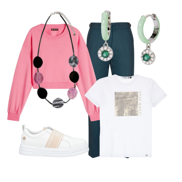 Outfit donna - Trendy. Stile Trendy per Scuola/Università. Abbinamento con sneakers, t-shirt, felpe, orecchini, collane, pantaloni.