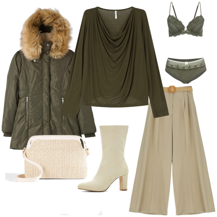 Outfit donna - Total look #2037932. Stile Trendy per Tutti i giorni. Abbinamento con borse a tracolla, reggiseni, stivaletti, parka, pantaloni a palazzo, pullovers.