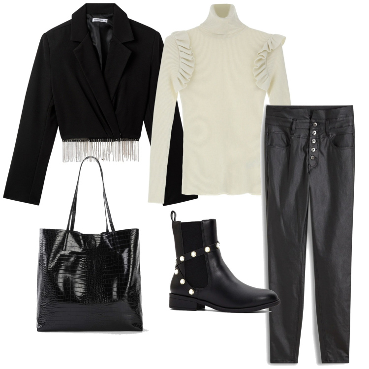 Outfit donna - Rockstar. Stile Rock per Serata fuori. Abbinamento con shopping bag, pantaloni, stivaletti, blazer, maglieria.