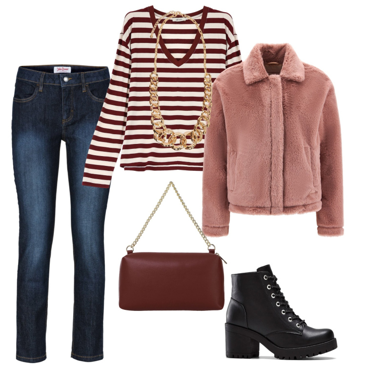 Outfit donna - Commissioni. Stile Glamour per Tutti i giorni. Abbinamento con jeans slim fit, stivaletti, cappotti, maglieria, borse a tracolla, collane.