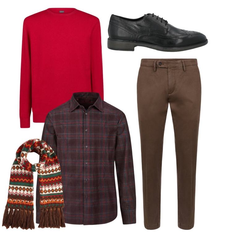 Outfit uomo - Rosso. Stile Casual per Tutti i giorni. Abbinamento con scarpe stringate, pantaloni chino, maglieria, camicie, sciarpe.