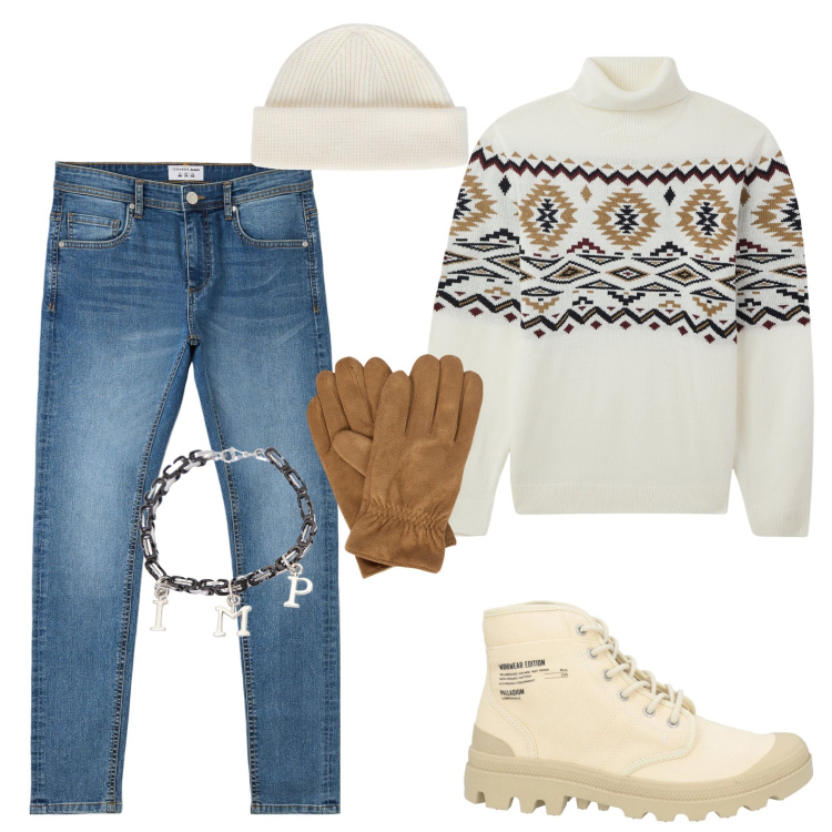 Outfit uomo - Saldi. Stile Trendy per Tutti i giorni. Abbinamento con stivali e stivaletti, jeans skinny, maglieria, braccialetti, berretti, guanti.