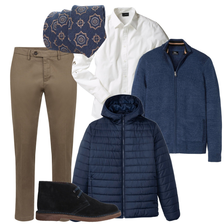 Outfit uomo - Dalla testa ai piedi. Stile Casual per Ufficio. Abbinamento con cardigans, camicie, giacche, stivali e stivaletti, cravatte, pantaloni chino.