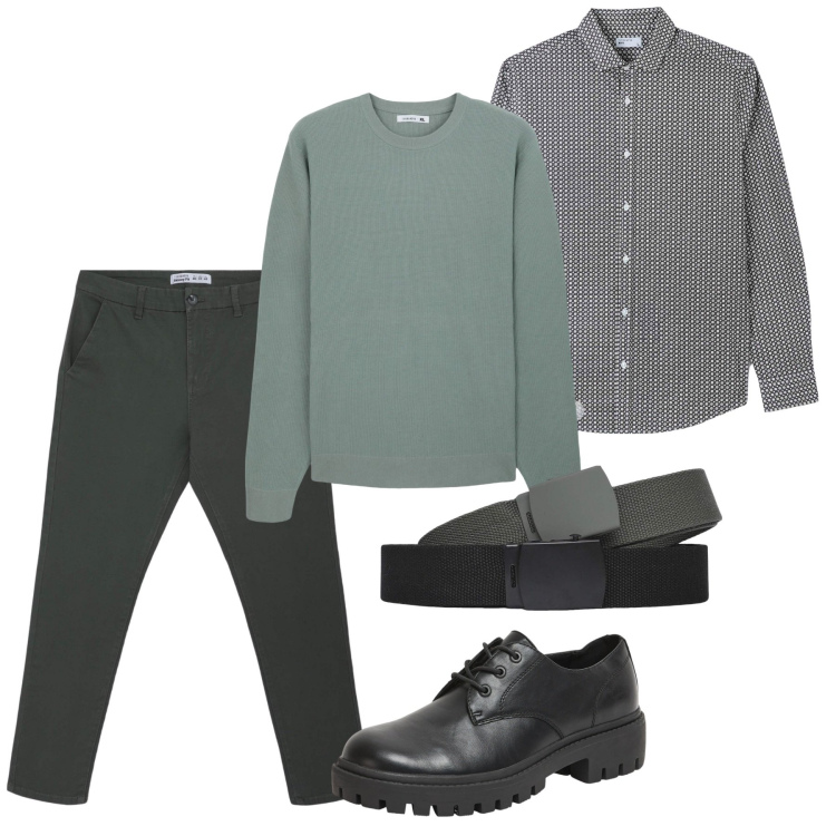 Outfit uomo - Pomeriggio verde menta. Stile Casual per Tutti i giorni. Abbinamento con pantaloni chino, maglieria, camicie, scarpe stringate, cinture.