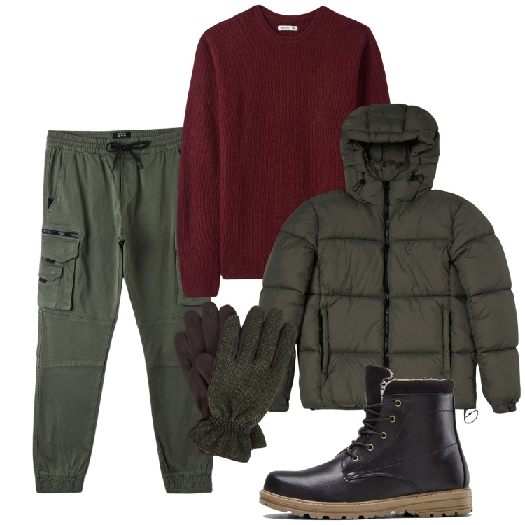 Outfit uomo - Il pull wine. Stile Urban per Tutti i giorni. Abbinamento con stivali e stivaletti, maglieria, pantaloni cargo, piumini, guanti.