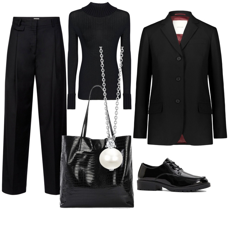 Outfit donna - Total look #2037964. Stile Mannish per Ufficio. Abbinamento con shopping bag, scarpe stringate, collane, blazer, maglieria, pantaloni.