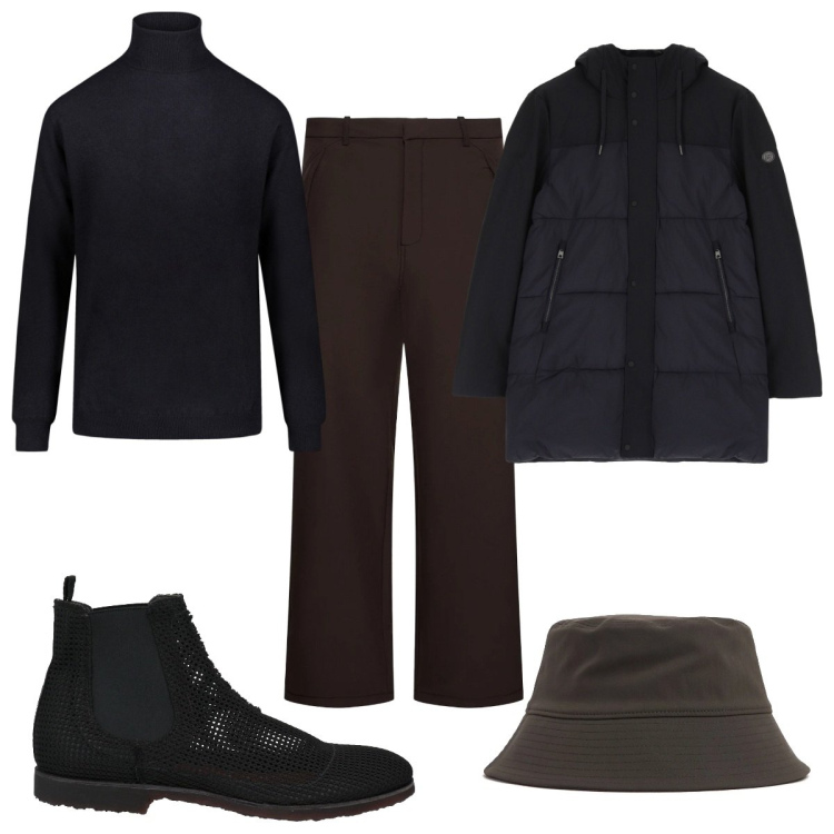 Outfit uomo - Total look #2037982. Stile Casual per Tutti i giorni. Abbinamento con stivali e stivaletti, piumini, maglieria, pantaloni, cappelli.