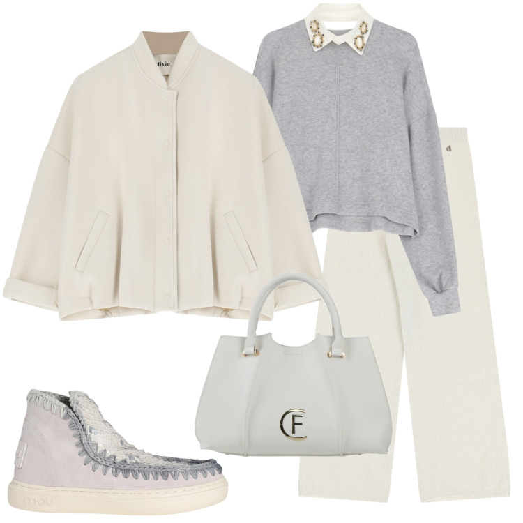 Outfit donna - Toni chiari. Stile Urban per Tutti i giorni. Abbinamento con stivaletti, borse a mano, pullovers, bomber, pantaloni a palazzo.