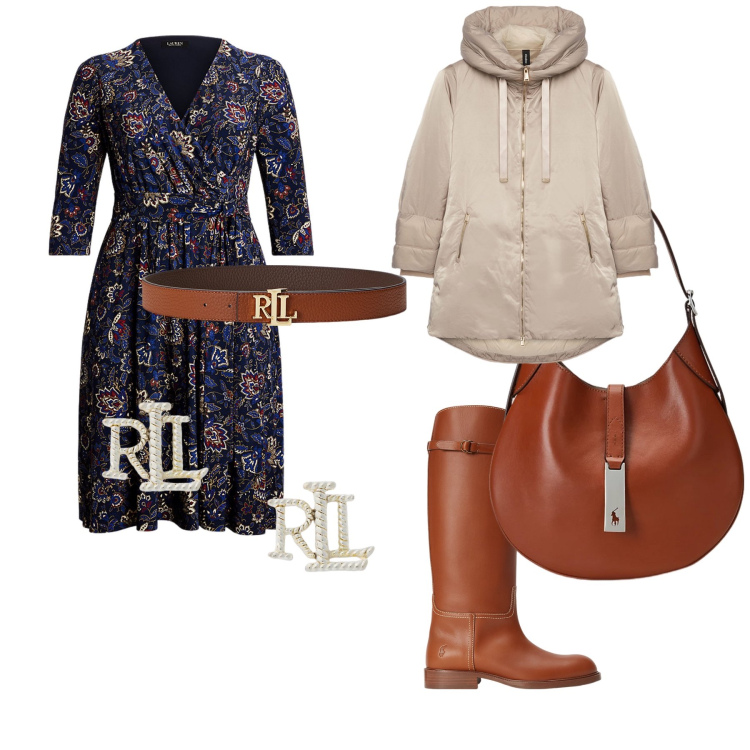 Outfit donna - Andare a far shopping. Stile Casual chic per Tutti i giorni. Abbinamento con cinture, orecchini, borse a spalla, vestiti, stivali, piumini.