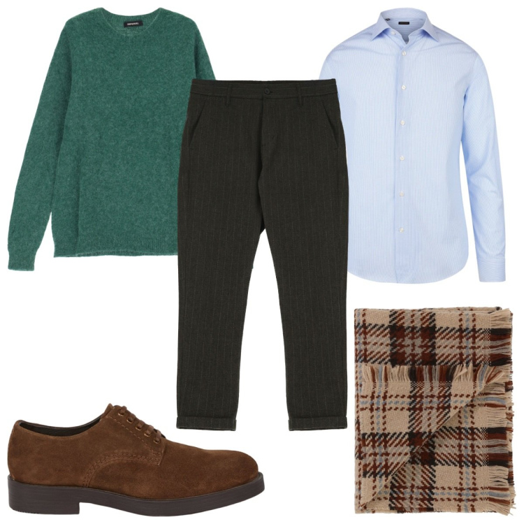 Outfit uomo - Total look #2037985. Stile Casual per Ufficio. Abbinamento con pantaloni, sciarpe, maglieria, camicie, scarpe stringate.
