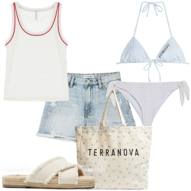Outfit donna - Arriva l\'estate. Stile Casual per Mare. Abbinamento con ciabatte, shorts, shopping bag, canottiere, bikini, bikini.