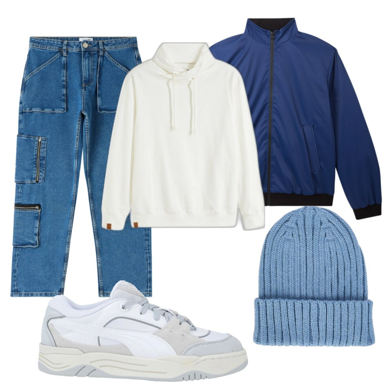 Outfit uomo - Total look #2037994. Stile Casual per Tutti i giorni. Abbinamento con felpe, sneakers, jeans, giacche, berretti.