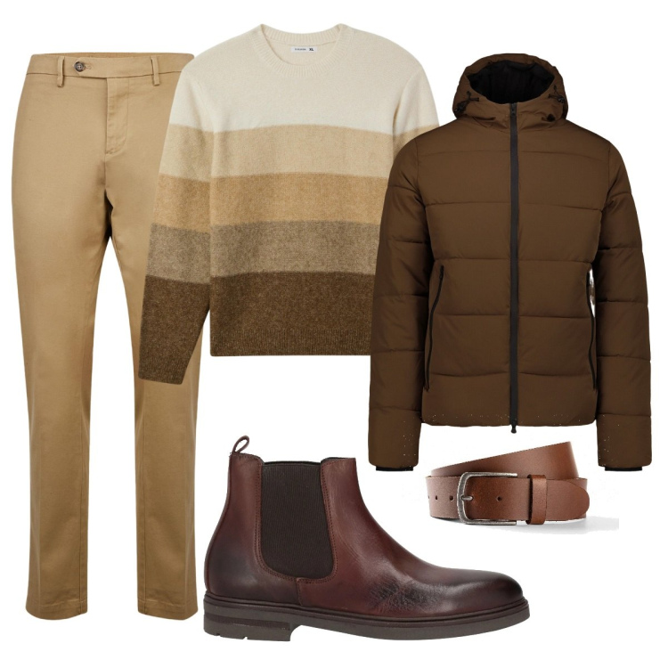 Outfit uomo - Tono su tono. Stile Trendy per Tutti i giorni. Abbinamento con cinture, stivali e stivaletti, maglieria, piumini, pantaloni chino.