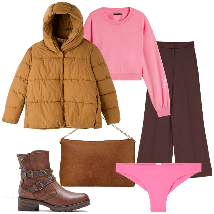 Outfit donna - Marrone e rosa. Stile Urban per Tutti i giorni. Abbinamento con stivaletti, culotte, piumini, pantaloni, felpe, pochette.