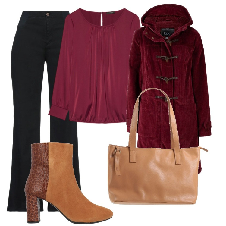 Outfit donna - In ufficio. Stile Casual chic per Ufficio. Abbinamento con montgomery, pantaloni, stivaletti, borse a mano, bluse.