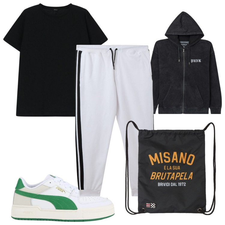 Outfit uomo - Total look #2038024. Stile Trendy per Sport. Abbinamento con sneakers, pantaloni, borse sportive, felpe con cappuccio, t-shirt.