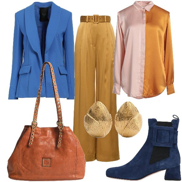 Outfit donna - Total look #2038027. Stile Vintage retrò per Ufficio. Abbinamento con camicie, stivaletti, blazer, borse a spalla, pantaloni, orecchini.