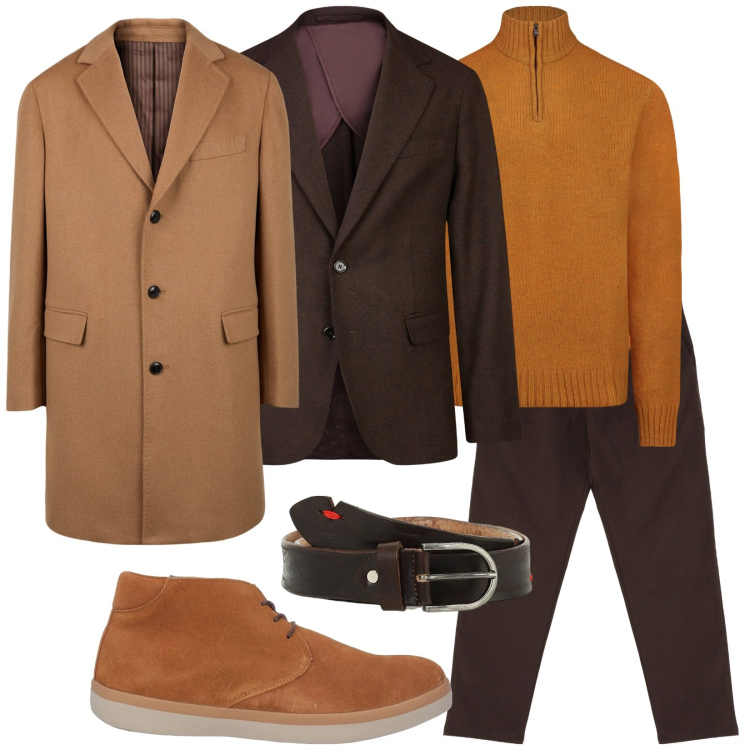 Outfit uomo - In ufficio in casual chic. Stile Trendy per Ufficio. Abbinamento con stivali e stivaletti, pantaloni chino, cinture, maglieria, giacche, cappotti.
