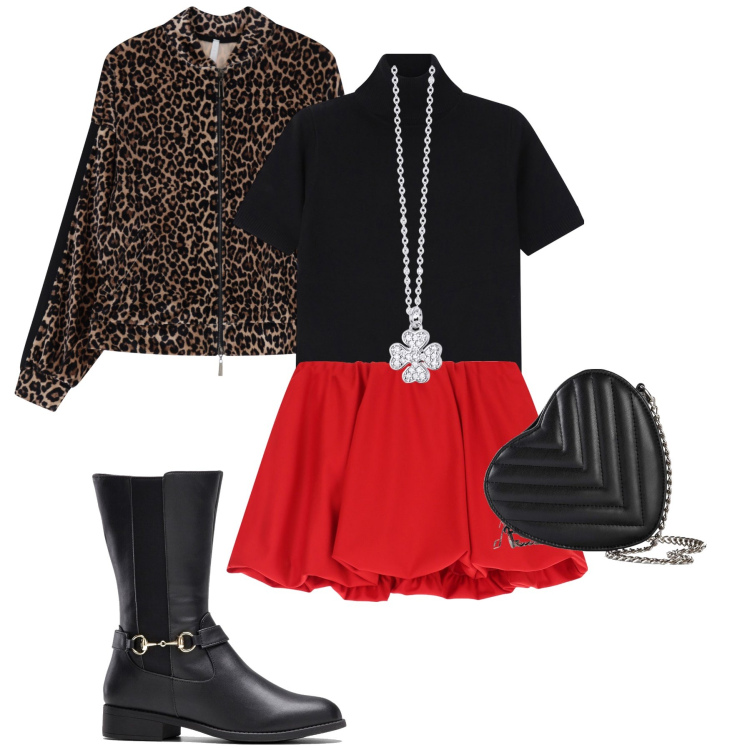 Outfit donna - La borsetta a forma di cuore. Stile Preppy per Serata fuori. Abbinamento con stivali, borse a tracolla, collane, minigonne, bomber, maglieria.