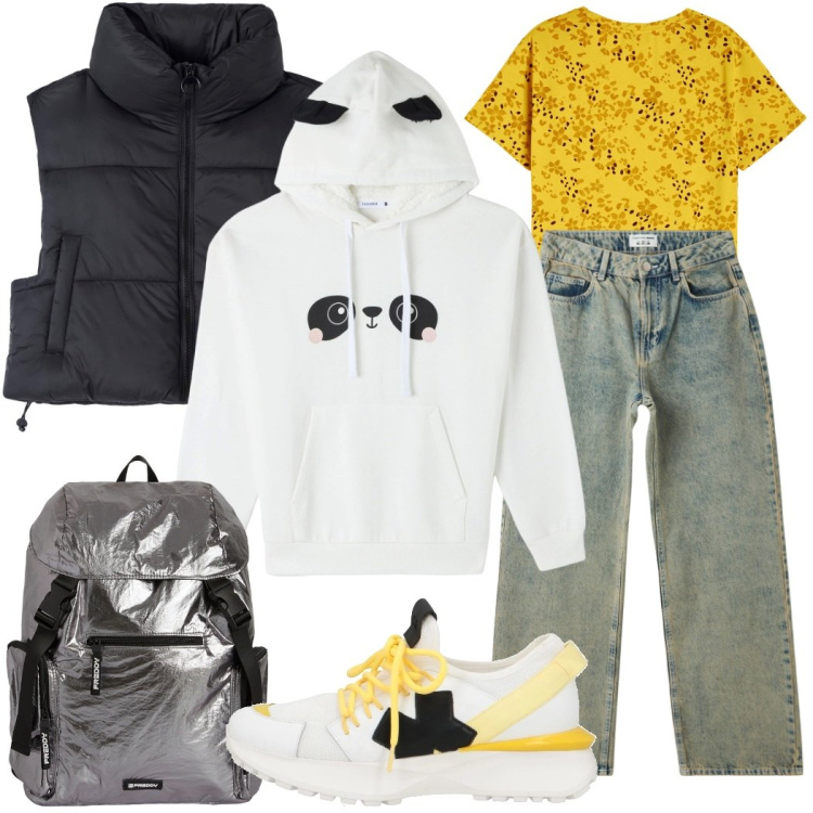 Outfit donna - La felpa panda. Stile Casual per Scuola/Università. Abbinamento con sneakers, piumini, felpe con cappuccio, jeans, zaini, t-shirt.